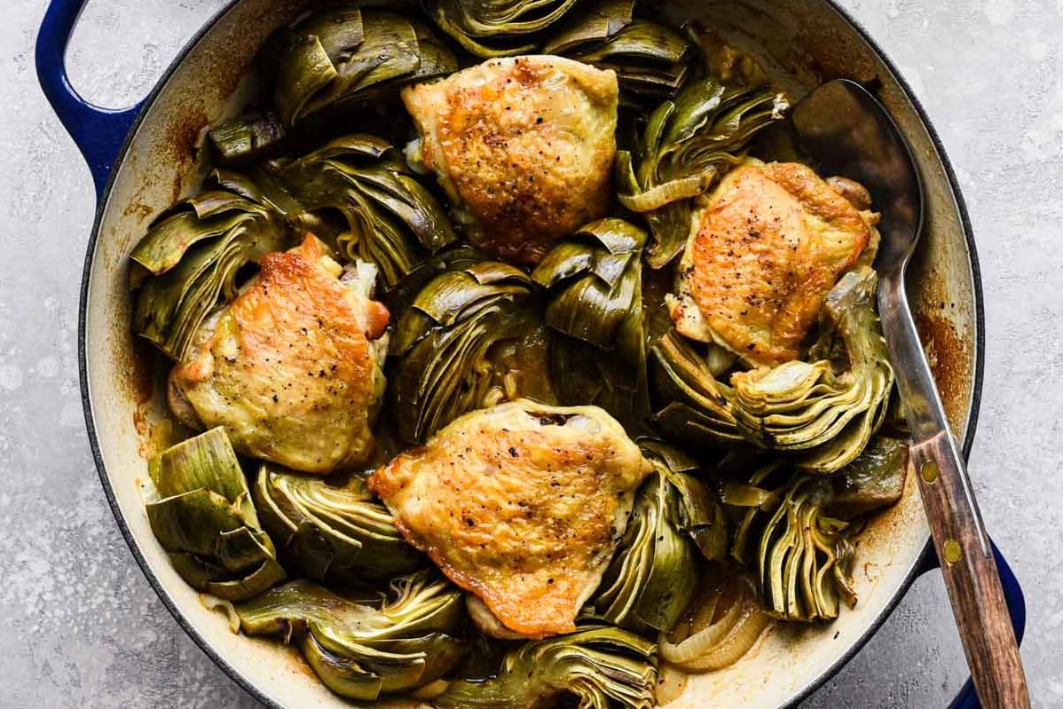 Chicken and Artichokes in a Le Creuset Pan