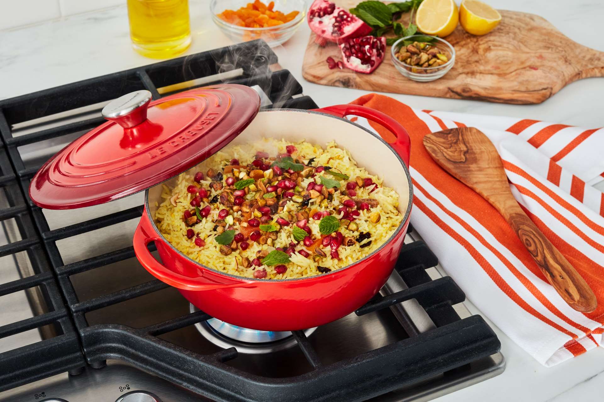 Persian Jeweled Rice in Red Le Creuset Dutch Oven