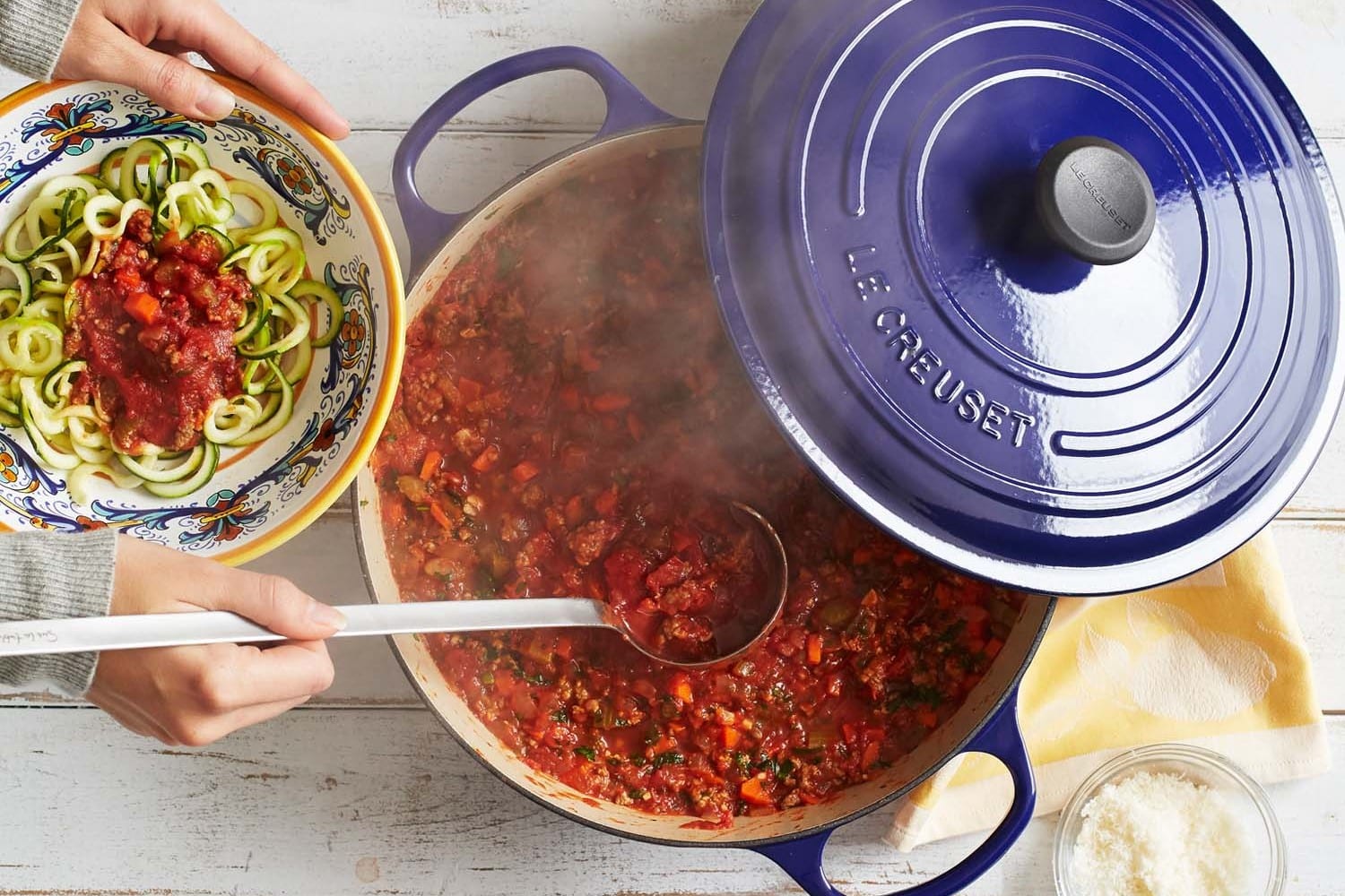 Zoodles with Ragu Sauce in a Le Creuset Dutch Oven