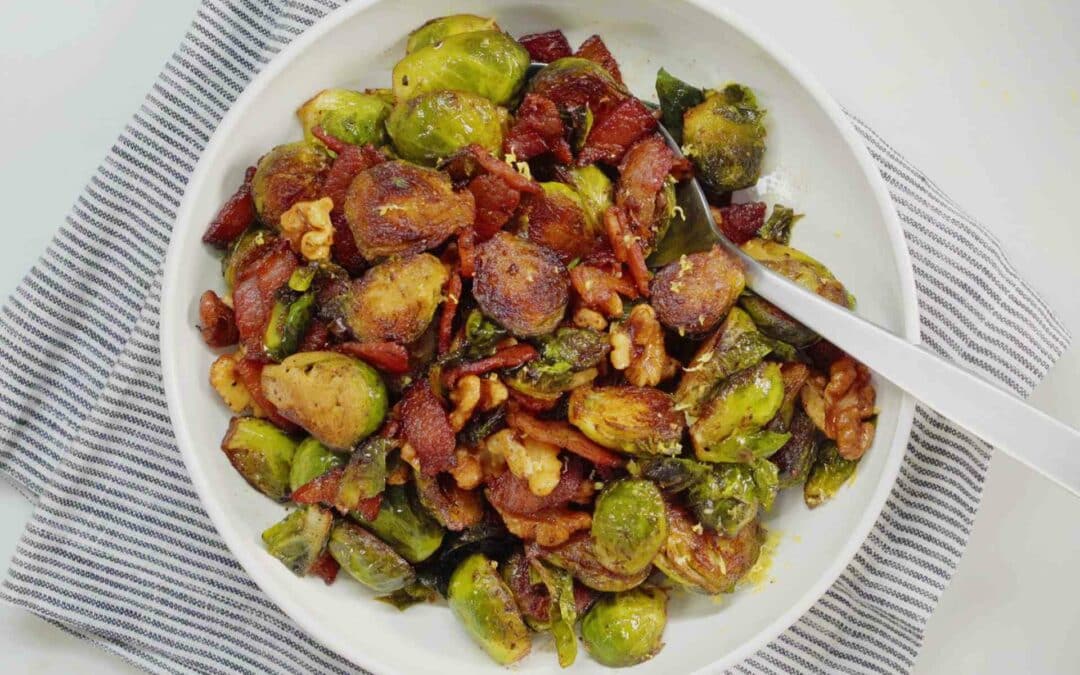 Crispy Restaurant Style Brussels Sprouts with Bacon and Dijon Glaze