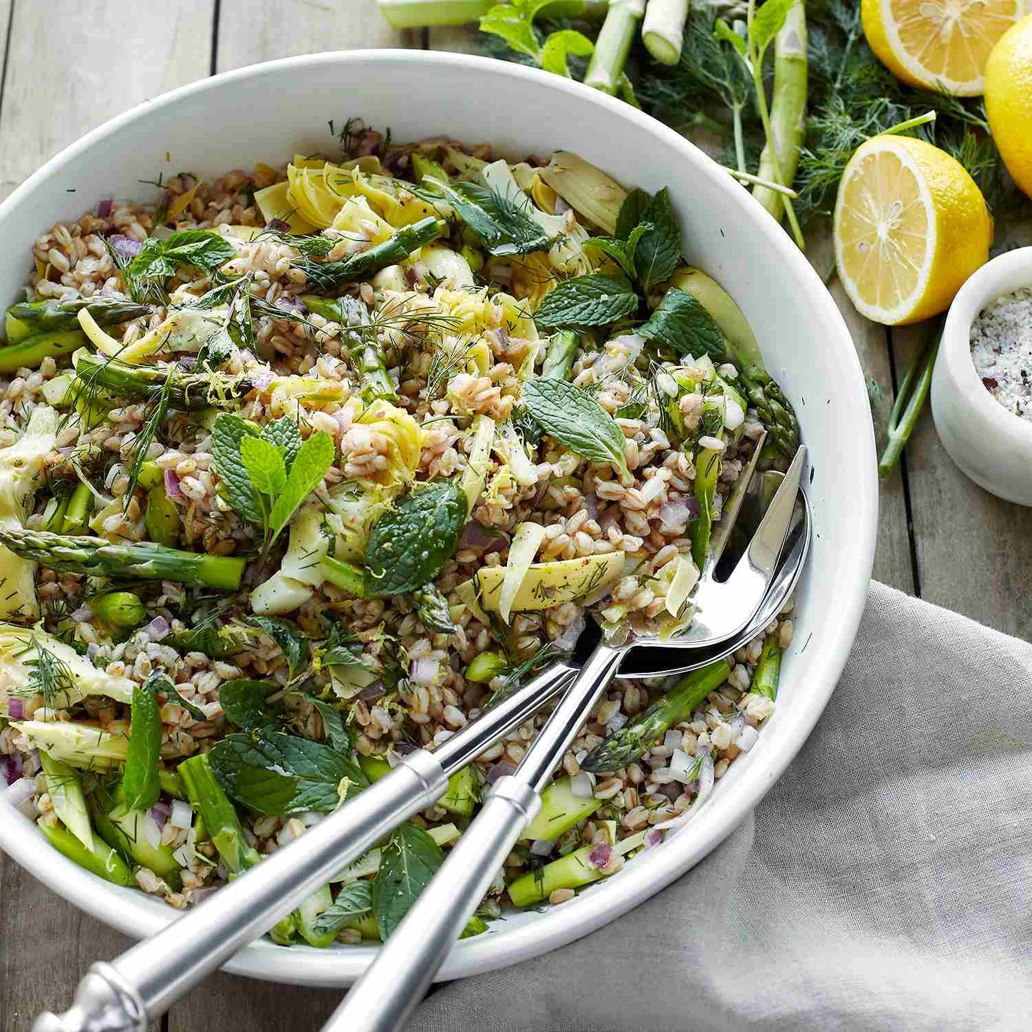 farro salad, farro with asparagus