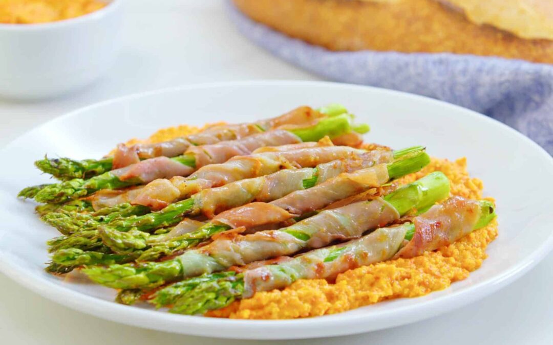 Easy Serrano Wrapped Grilled Asparagus With Romesco Sauce