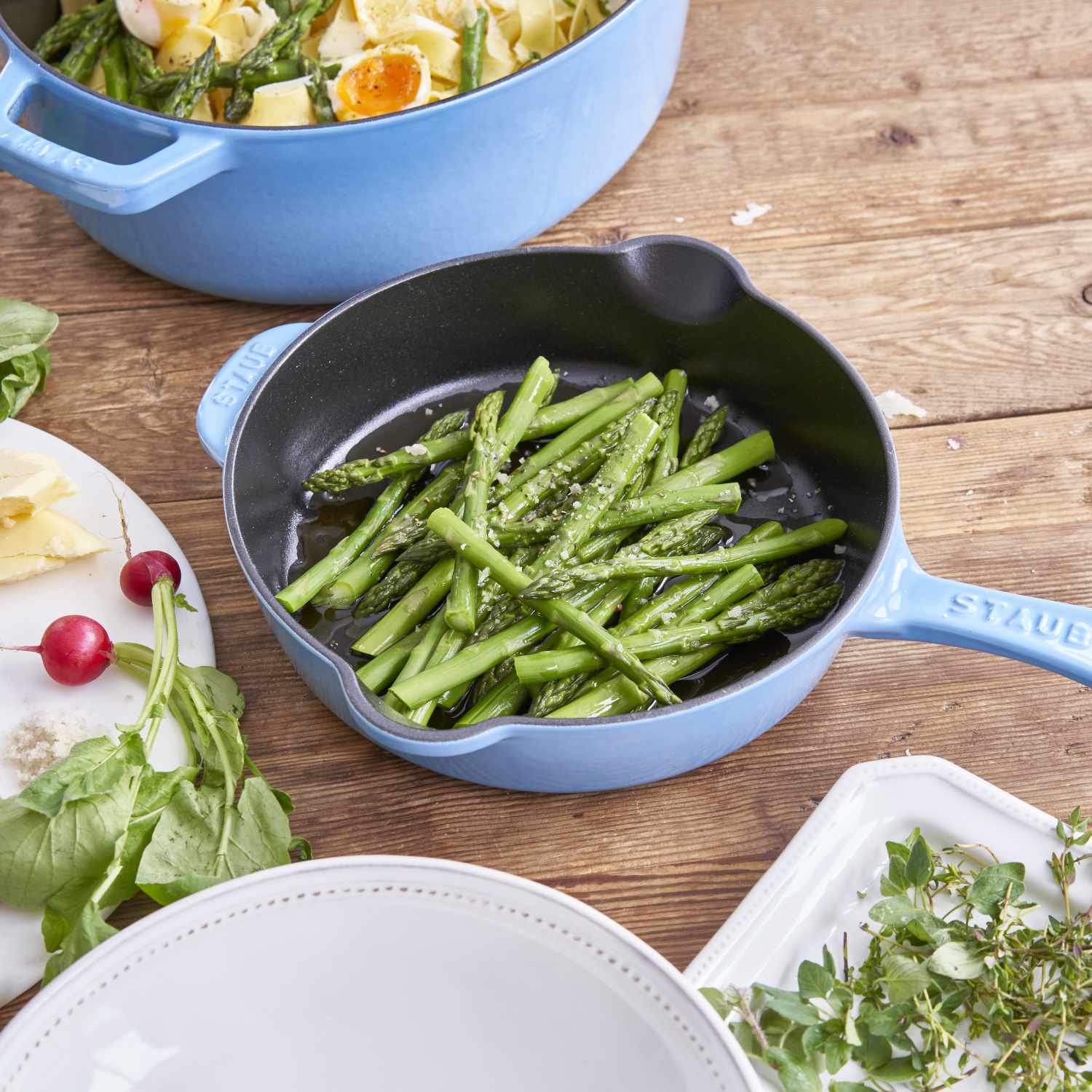 le Creuset, sur la table, staub, staub cookware, emile henry, emile henry cookware, staub cast iron, green pan cookware